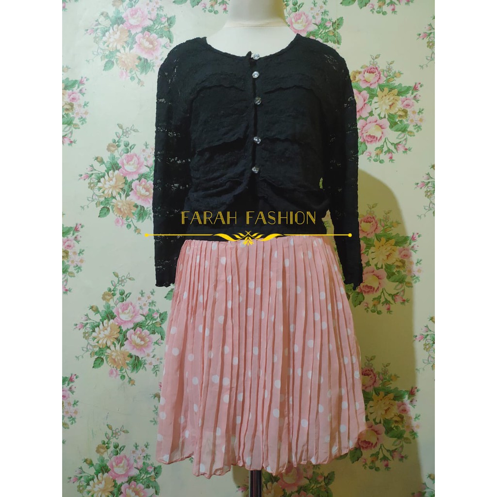 DRESS PLISKET POLKADOT PINK SET BOLERO BRUKAT HITAM IMPORT
