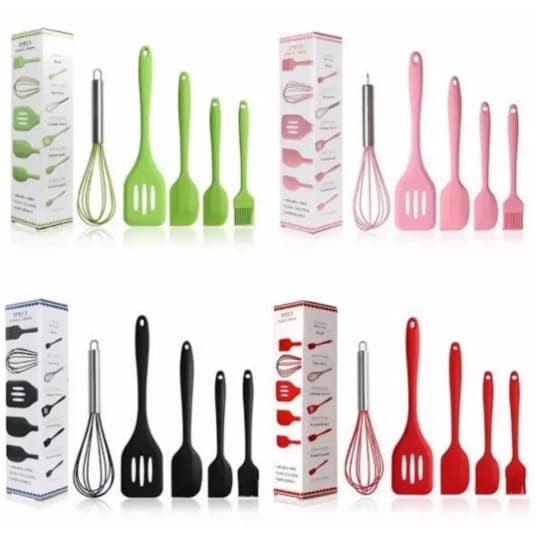 Baking Props Set 5 Pcs Kocokan Telur, Spatula 3 Pcs, Kuas Kue Silikon - Random Colour