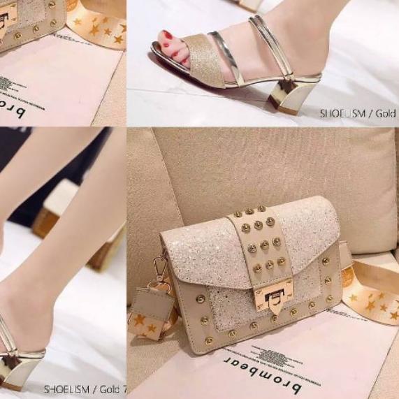 paket tas dan sandal hak 2in1 wanita gliter berkilau
