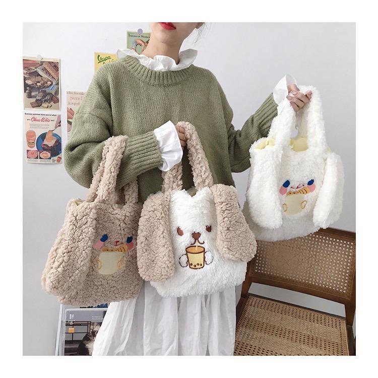 Terlaris Tas Totebag kelinci bulu lucu imut / Bulu Wanita Tote Bag Kekinian korea in style Tote Bulu Motif Karakter Lucu BISA COD