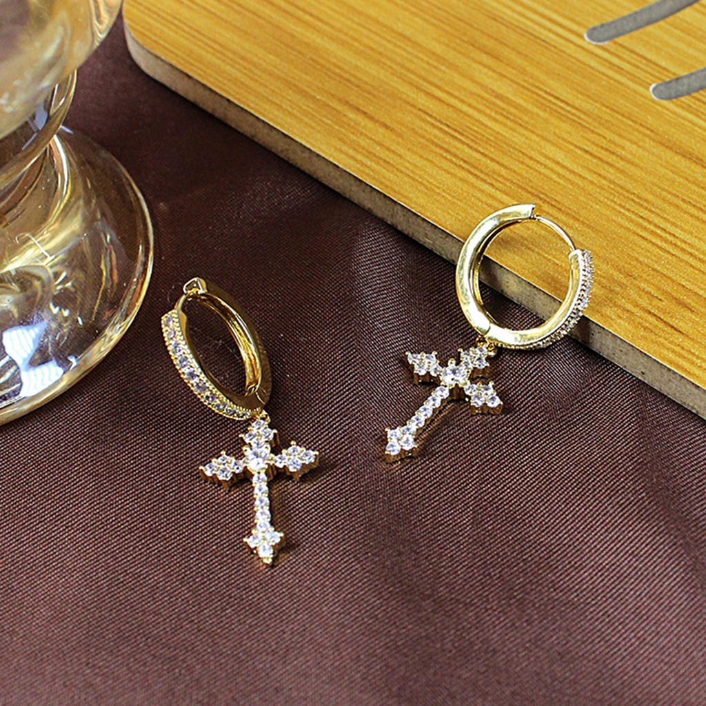 Hu Hu Hu Hu Hu Alat Bantu Pasang Kacamata♡ 1 Pasang Anting Tusuk Gantung Wanita Desain Salib Hias Cubic Zirconia Berkilau Untuk Hadiah Ulang Tahun