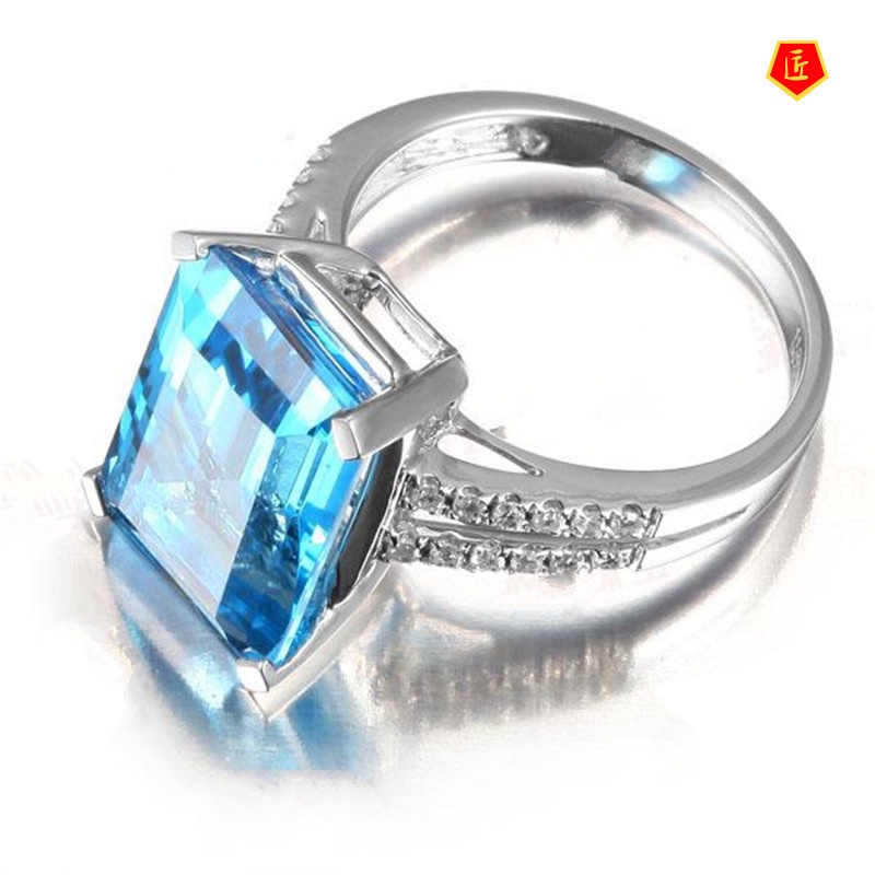 [Ready Stock]18K Topaz Square Aquamarine Ring Elegant and Fashionable