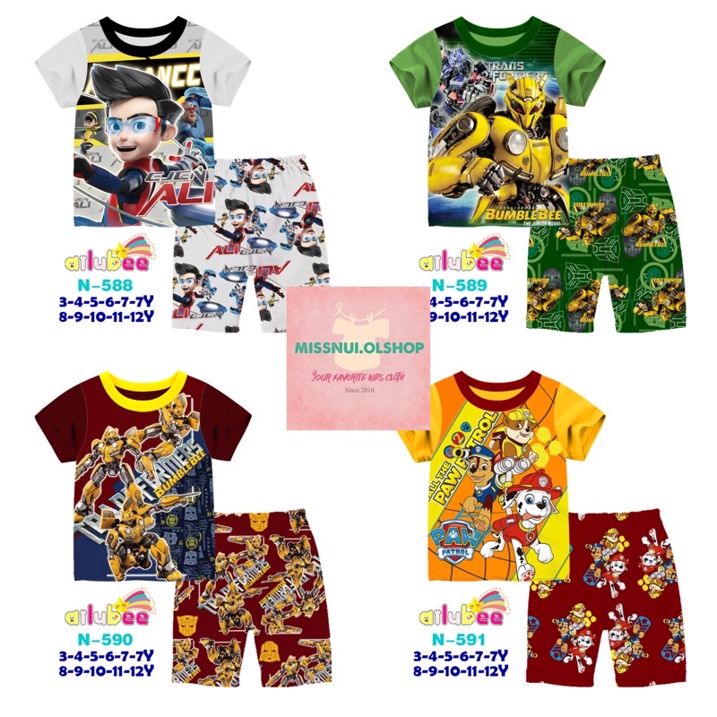 [READY] Baju Santai Tidur Piyama Anak Import Ailubee N 588,589,590,591 Ejen Ali Bumblebee Paw Patrol