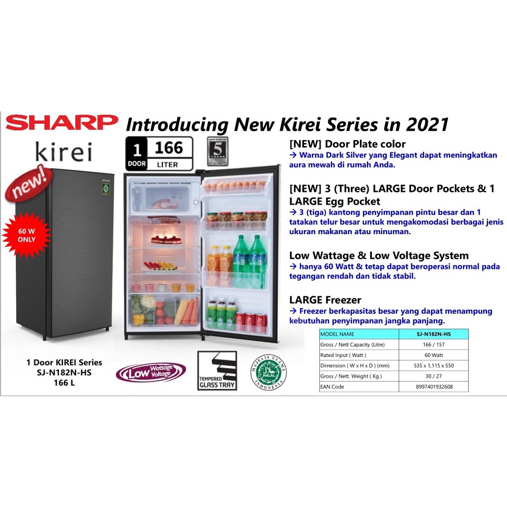 SHARP SJ N 182 N HS DARK SILVER LEMARI ES 1 PINTU 166 LITER / KULKAS / SJN182NHS