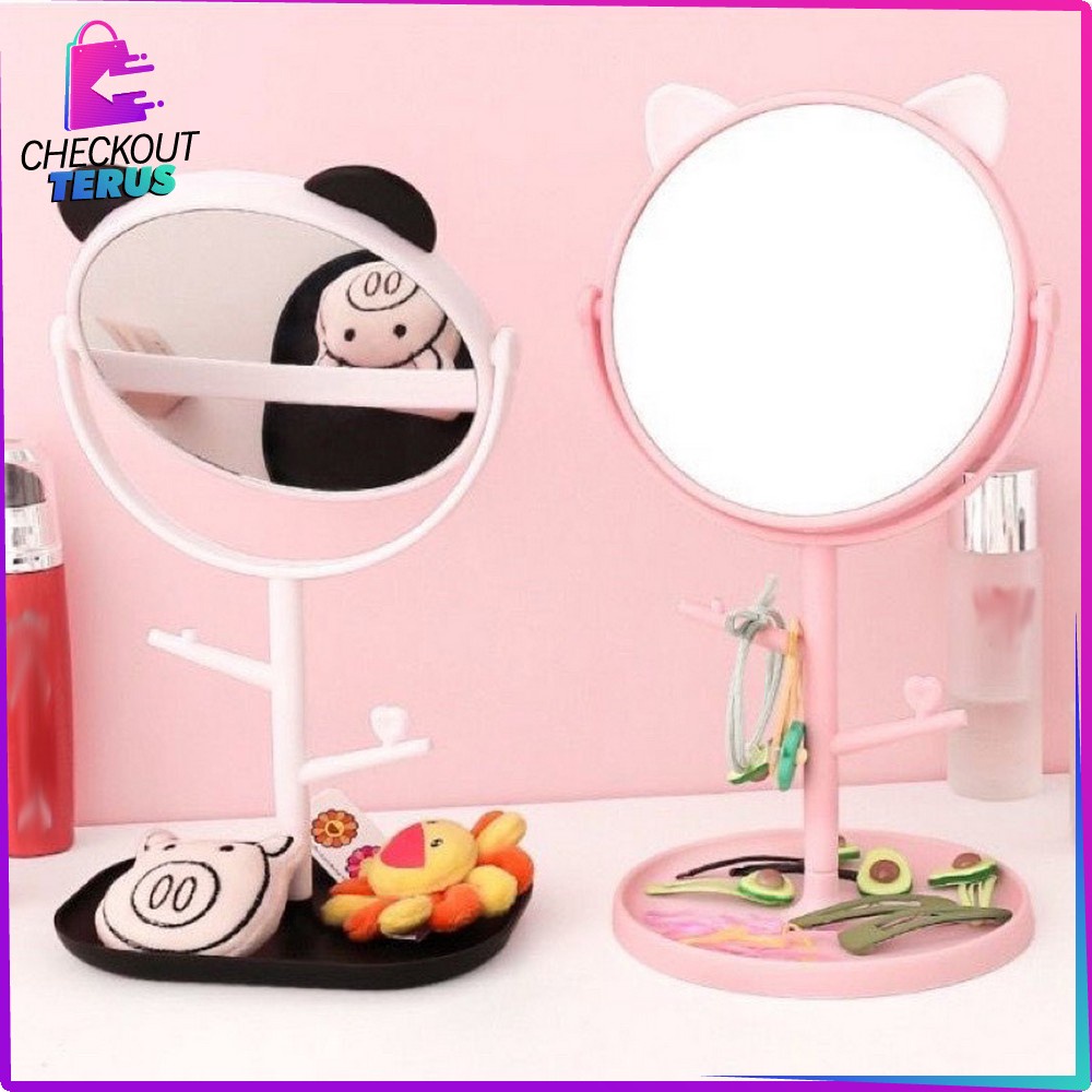 CT K91 Kaca Meja Rias Bulat Lucu Serbaguna Motif Telinga Panda Cermin Standing Mirror Makeup Desktop Rotating