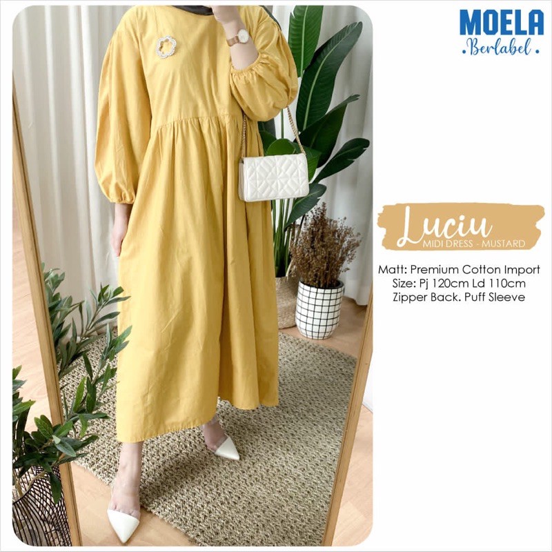 realpict LUCIU midi dress ori MOELA ld 110 pj 120 berlabel premium katun motif polos SMILI muslim
