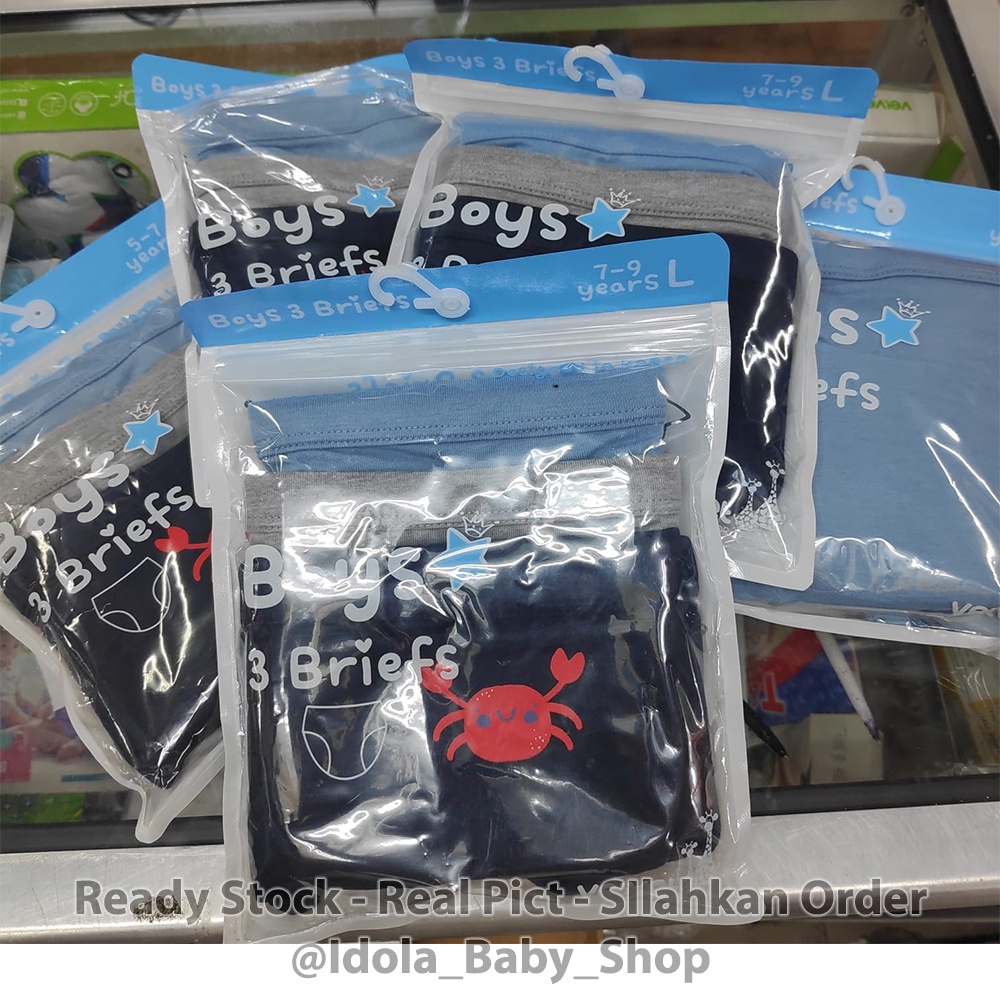 Velvet Junior Boy Underwear Brief Solid Color Crab 3pcs Celana Dalam Anak Laki Laki