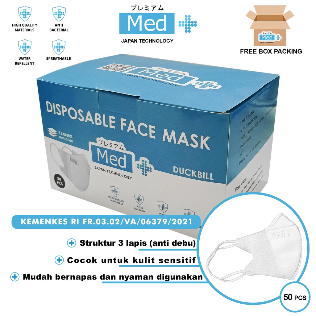 Med+ Masker Earloop Headloop 3Ply Disposable Facemask Original Sekali Pakai Isi 50Pcs (Kemenkes)-Duckbill Putih