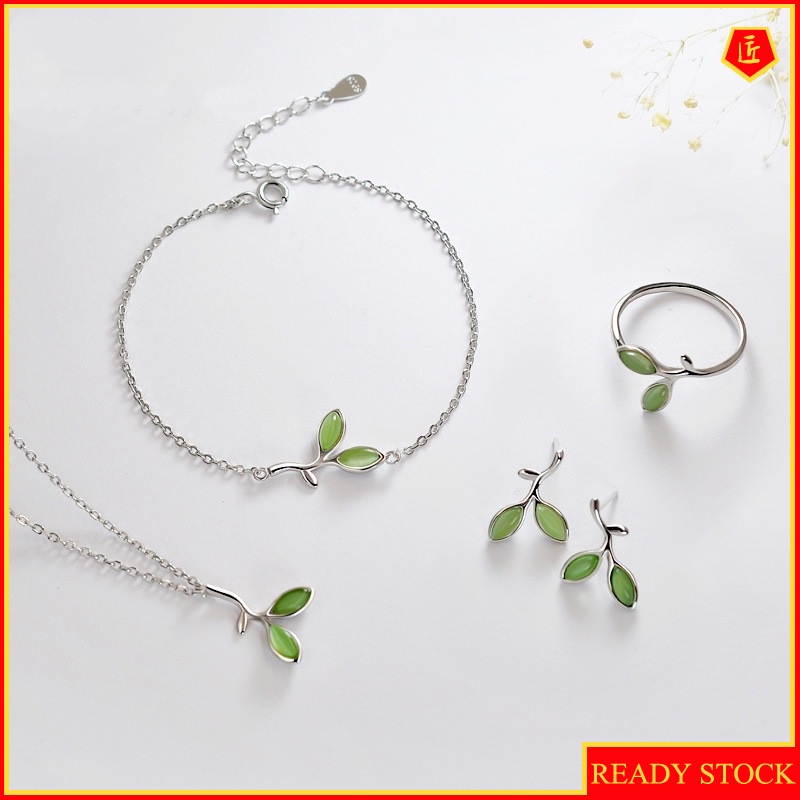 [Ready Stock]Silver Budding Green Opal Stud Earrings Bracelet Ring Suit