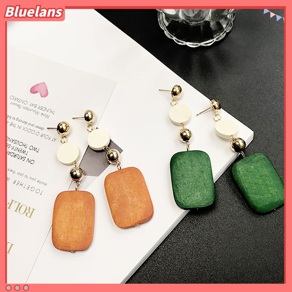 Anting Juntai Bentuk Bulat Persegi Geometris Bahan Kayu Gaya Retro Untuk Wanita