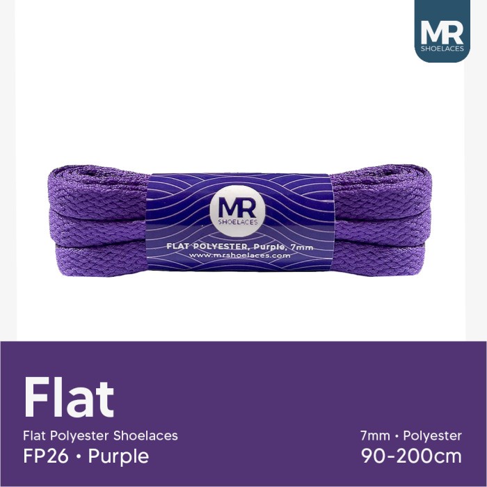 Original MR Shoelaces FP26 Ungu Purple Tali Sepatu Pipih Flat 7mm 80cm 90cm 100cm 120cm 130cm 150cm 180cm 200cm Polyester