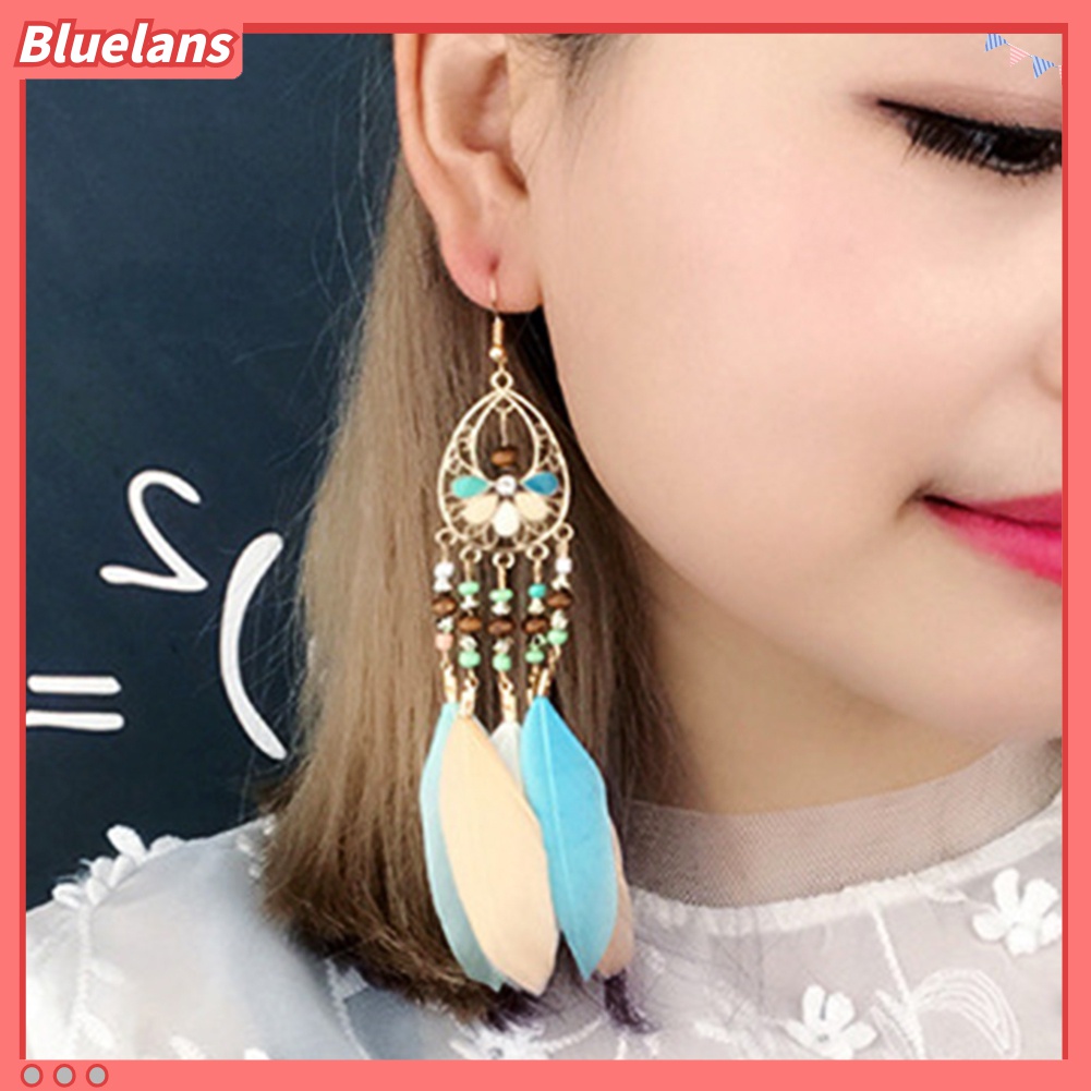 Anting Rumbai Bulu Manik-Manik Oval Warna-Warni Model Hollow Out Gaya Boho Untuk Wanita