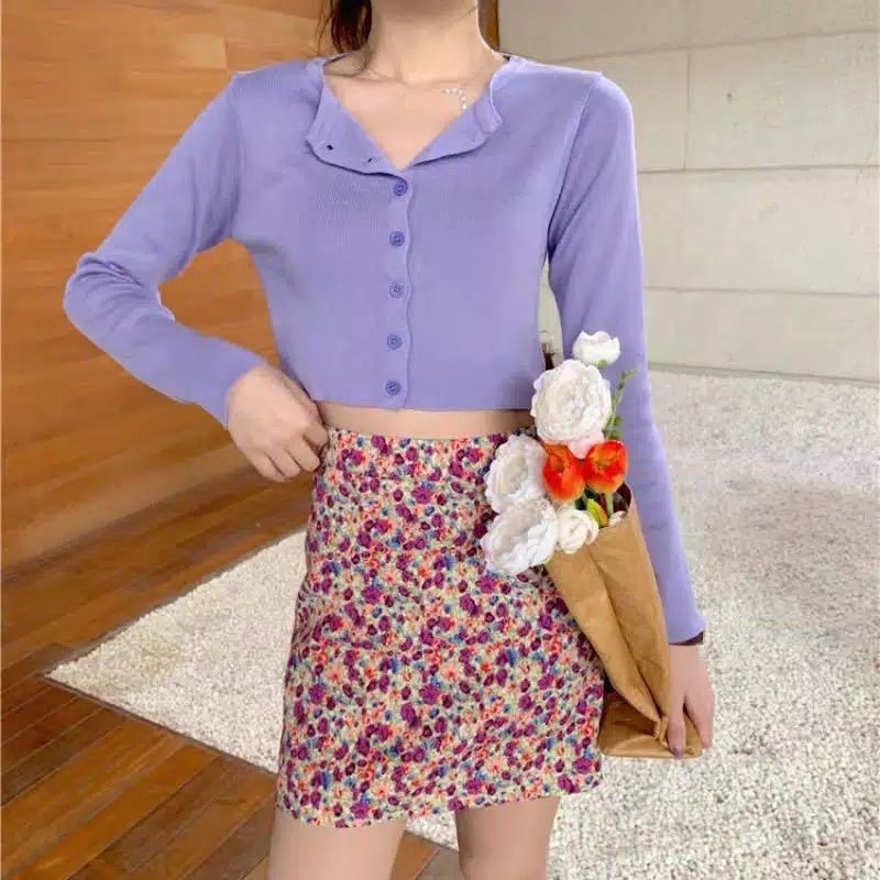 BAJU LILAC CARDIGAN RAJUT CROP TOP KOREA LENGAN PANJANG