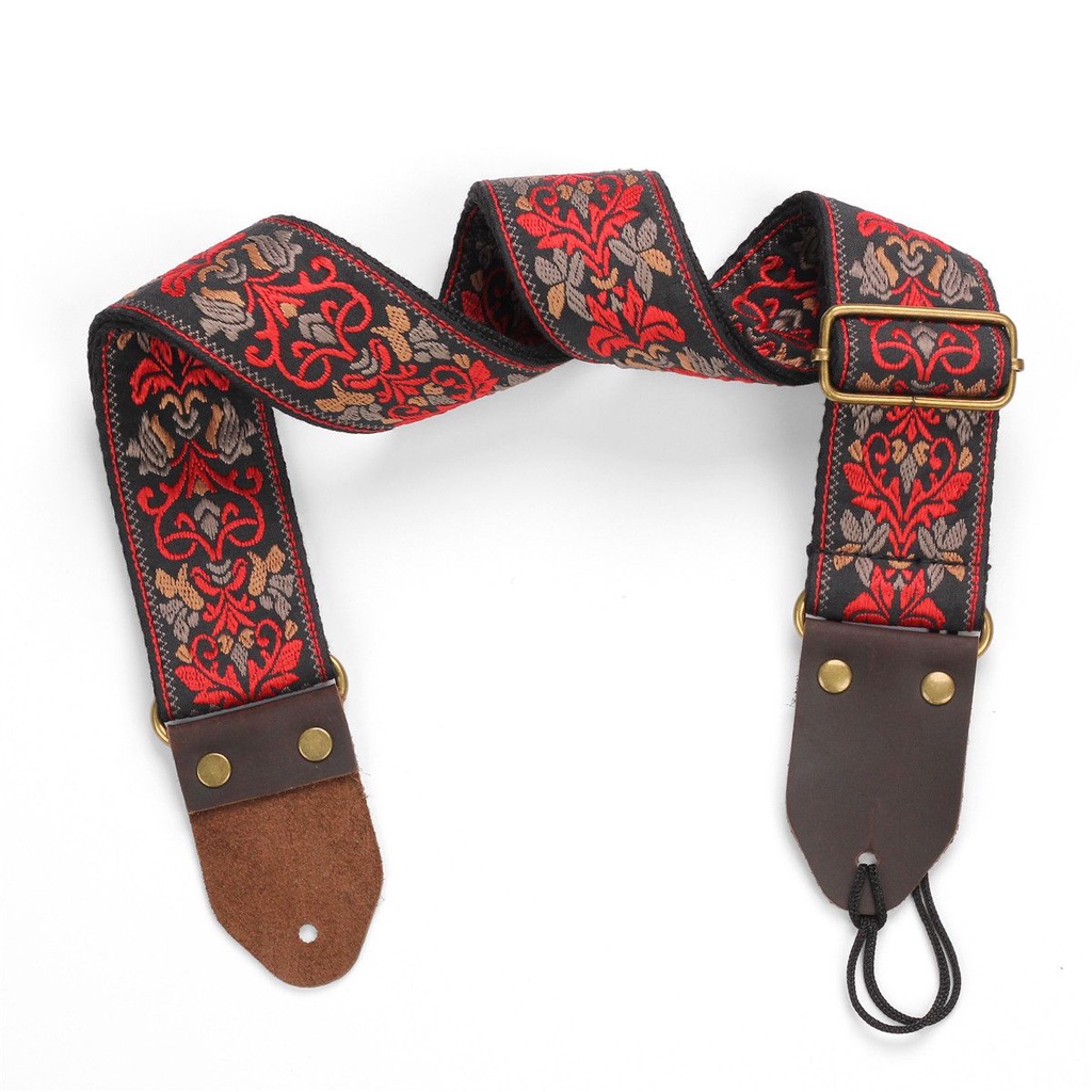 Strap Gitar Bahan Kulit Motif Bunga Warna Hitam Dan Merah Gaya Bohemia