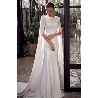 2021 Gaun Pengantin Putih Mewah Square Collar  Mutiara Lengan Panjang A-Line Elegan Gaun Pengantin