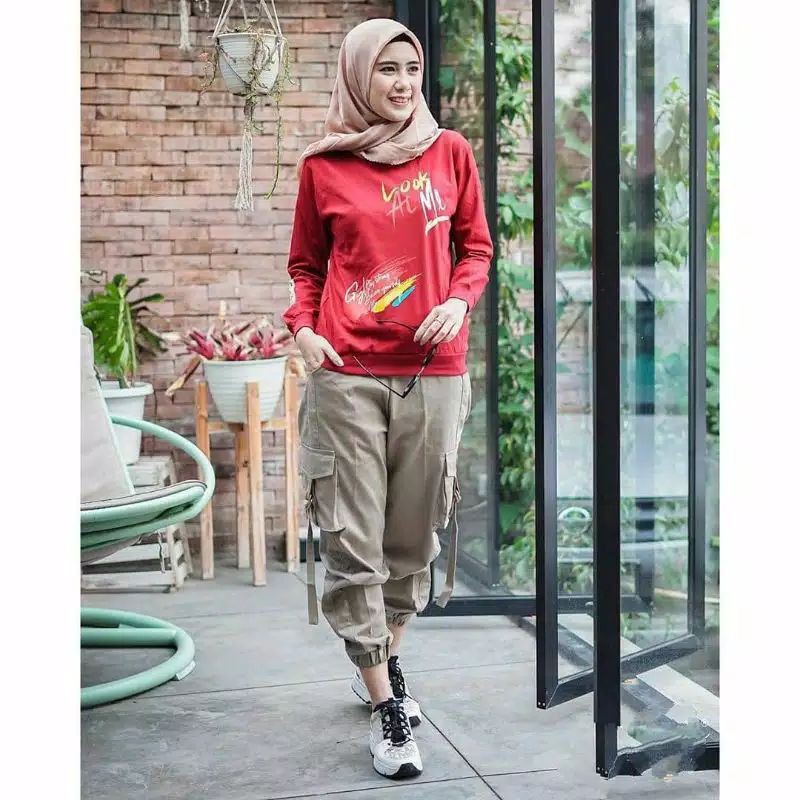 Celana Jogger Cargo Drill Wanita Pinggang Karet Melingkar