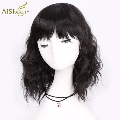 wa7511b wig /rambut palsu sebahu hitam ikal sintetis wanita