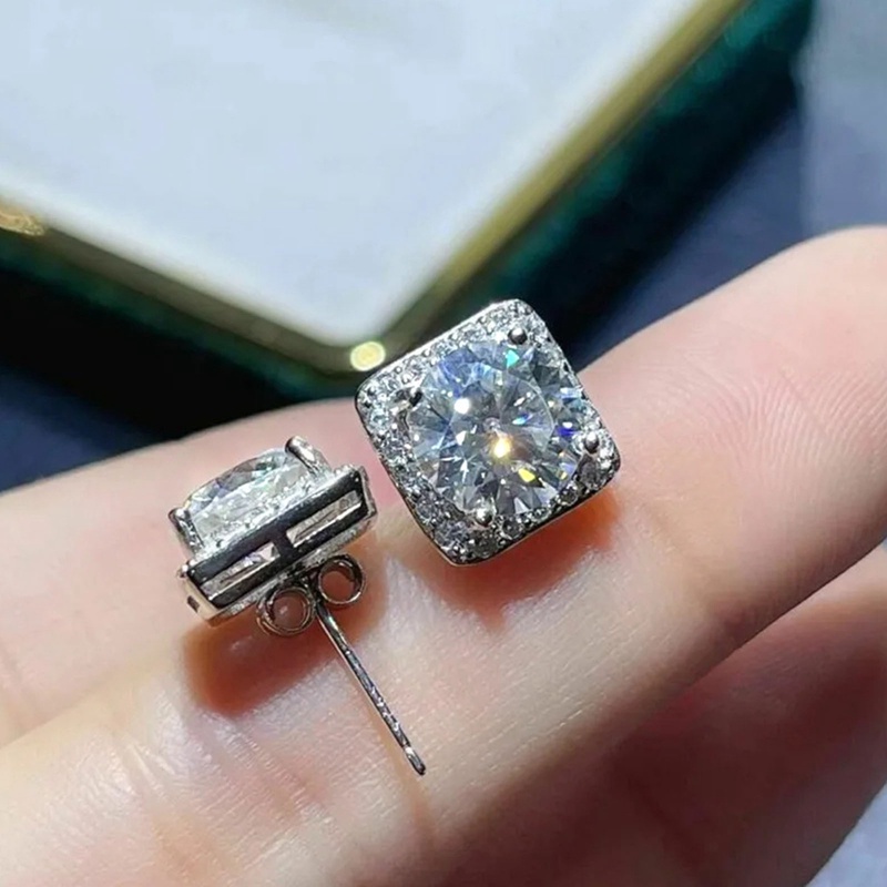 Anting Stud Bentuk Persegi Bahan Zirkon Warna Silver Untuk Wanita