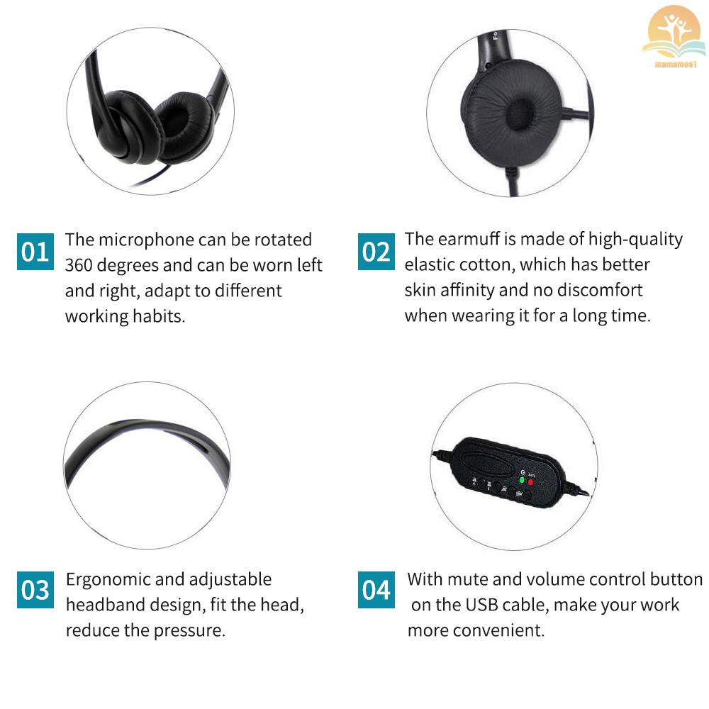 USB Plug Corded Headset Hands-Free Binaural Headphone with Noise Cancelling Microphone Mute Volume Control Button for Office Call Center Computer PC Laptop