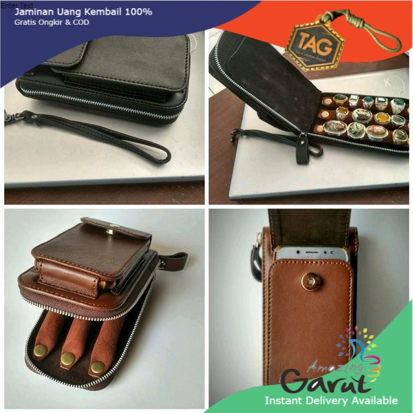 COD - Tas Akik  + Tempat Handphone Kulit Garut Untuk Batu Hijau Garut Bacan Pancawarna Pirus Pandan