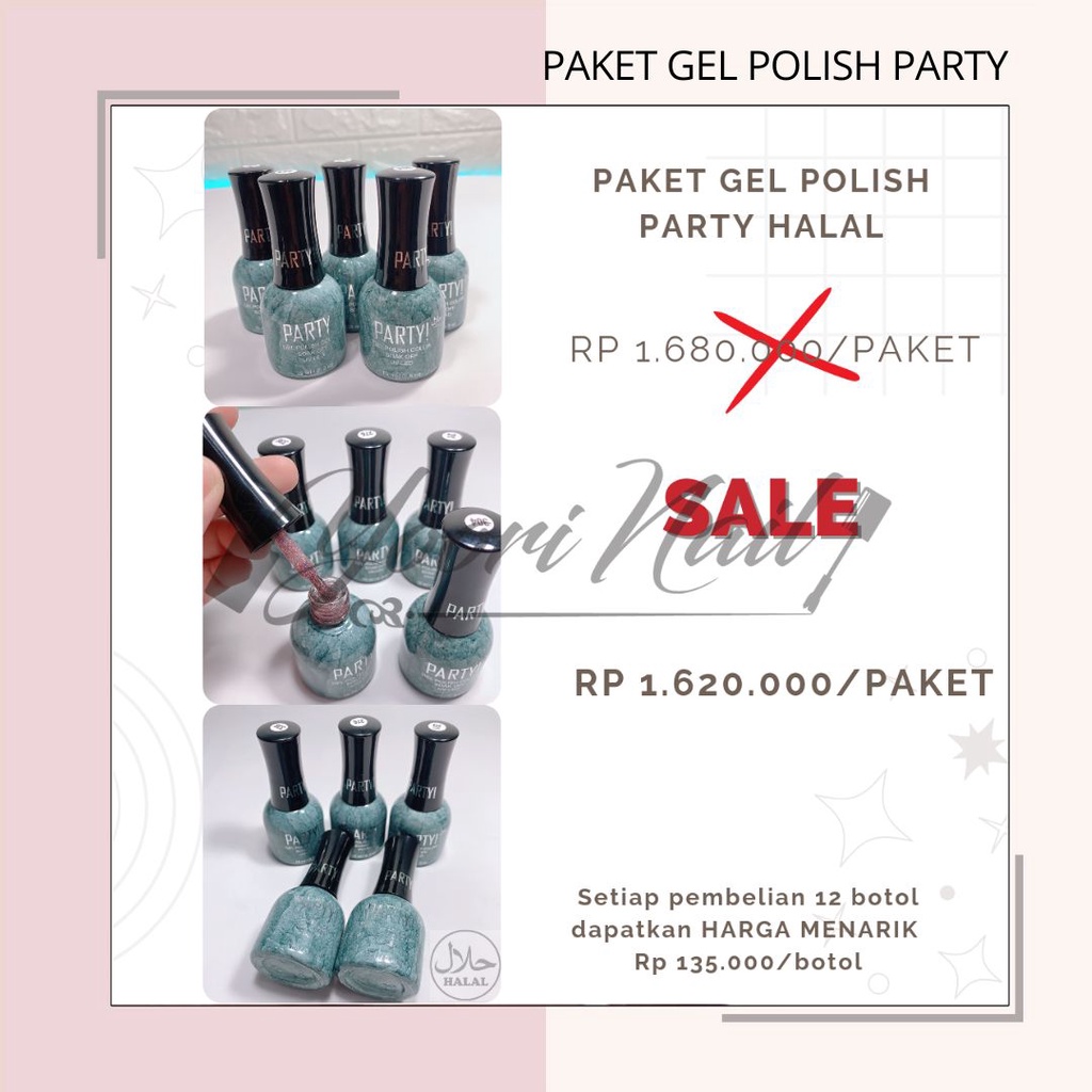 Paket gel polish halal PARTY 12 warna top coat base coat uv gel party 15ml