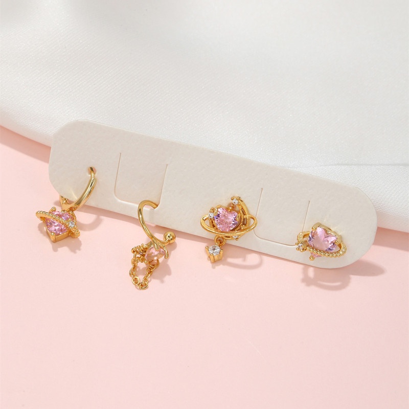 4 Pcs / set Anting Stud Zirconium 18K Gold-plated Bentuk Hati Warna Pink Peach Untuk Wanita