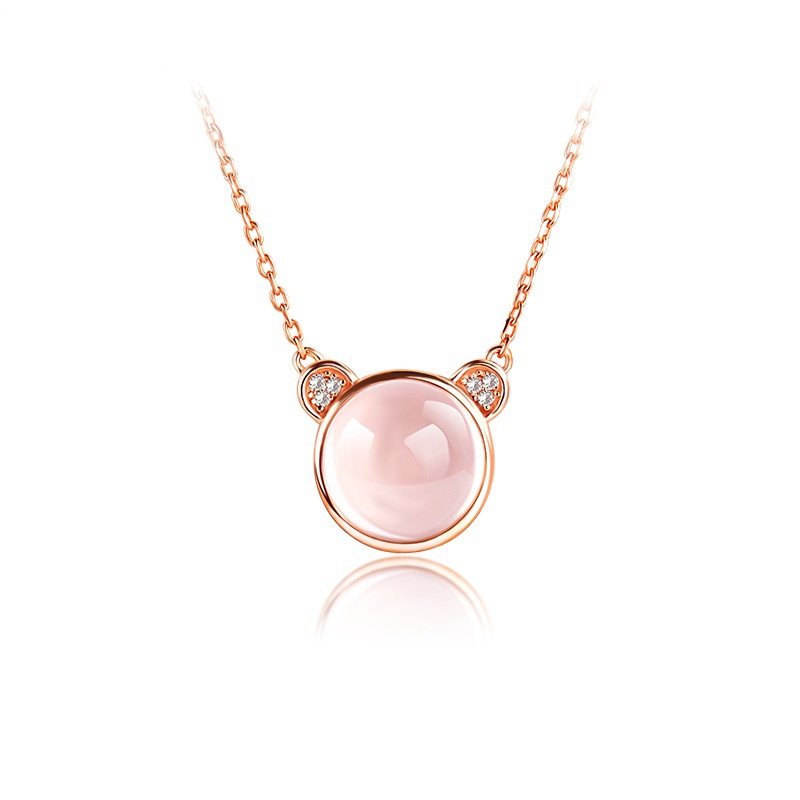 [Ready Stock]Fashion Inlaid Pink Crystal Bear Pendant Rose Gold Plated Necklace