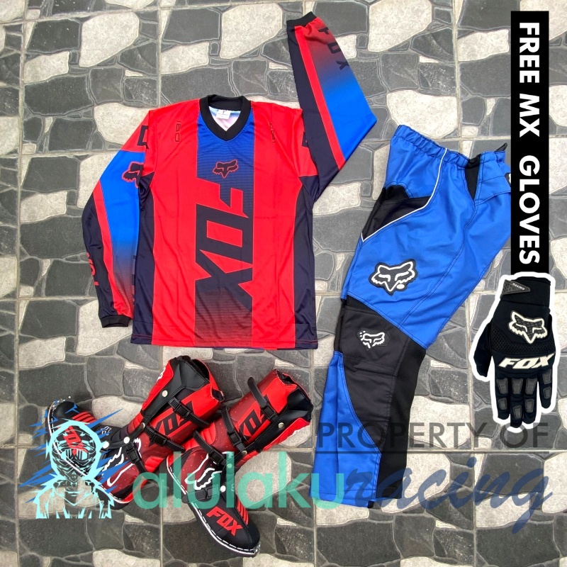 Jersey, Celana, Sarung Tangan &amp; Sepatu Fullprint with Protectors Fullset MX Trail Motocross - Paket Bundling FOCTFG050703-F41