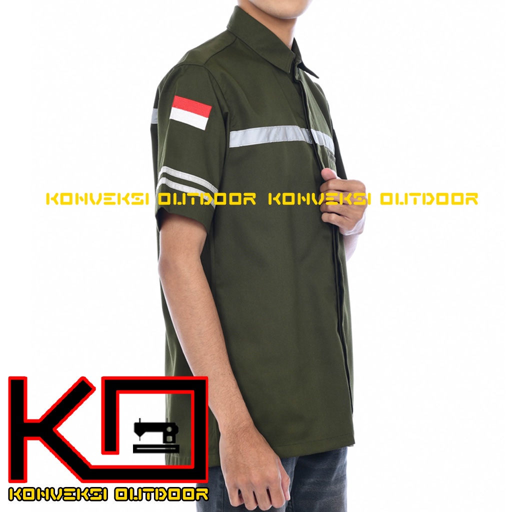 BAJU KEMEJA WEARPACK BAJU SAFETY K3 OUTDOOR INDOOR - Seragam Kemeja Kerja Lapangan Lengan Pendek Proyek Bangunan Tambang Alat Berat PLN Enginer Instalasi Mesin werpek sefti Scotlit Warna Hijau Army Konveksi Outdoor