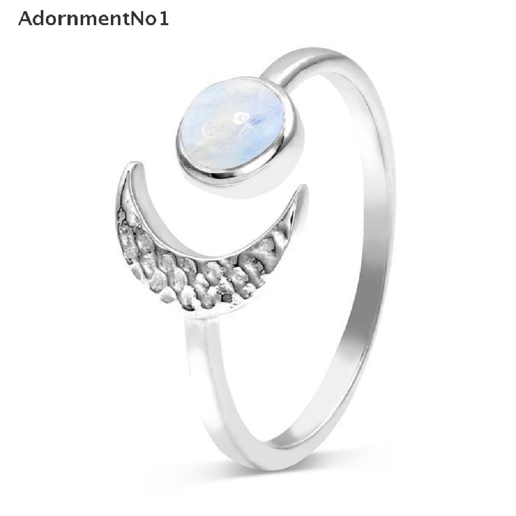 (AdornmentNo1) Cincin Terbuka Vintage Motif Bulan + Batu Opal + Kristal + Hollow Untuk Perhiasan Wanita