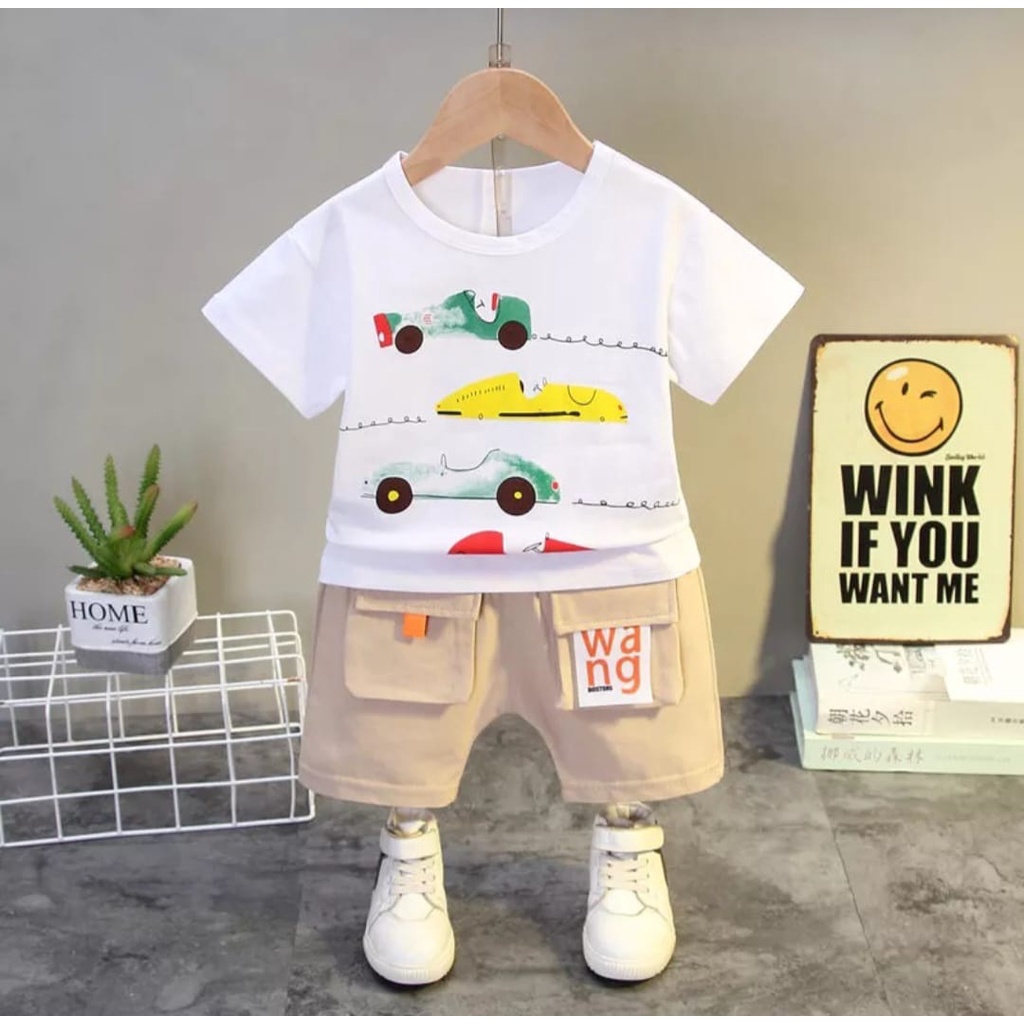 POCKET SET | SETELAN ANAK LAKI-LAKI DAN PEREMPUAN MUSIM PANAS TERBARU 2022 SETELAN BAJU CARS ANAK CELANA PENDEK BERKANTONG 1-5 TAHUN