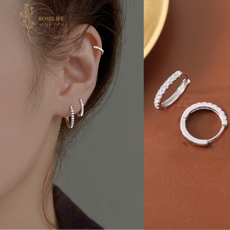 Roselife 1 Pasang Anting Bulat Sterling Silver 925 Hias Kristal / Zircon Gaya Simple Untuk Wanita