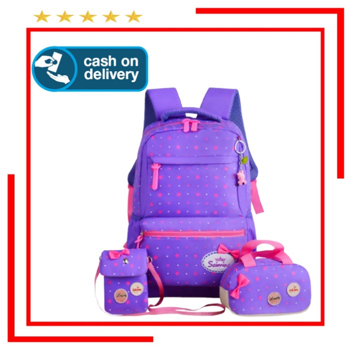 Tas Sekolah Anak Perempuan/Sd -Smp -Sma Backpack Ransel Wanita Cewek Set 3 In 1 Bintang Tabur