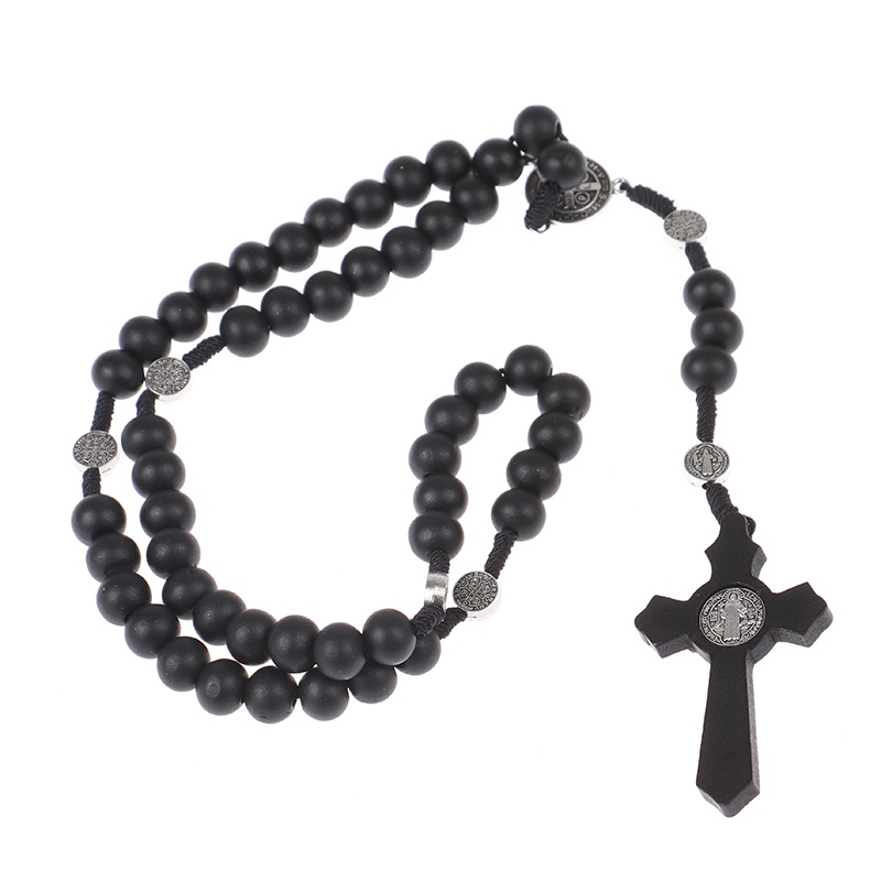 Hbid Kalung Doa Rosario Manik Kayu Hitam Pendant Salib Yesus Gaya Antik