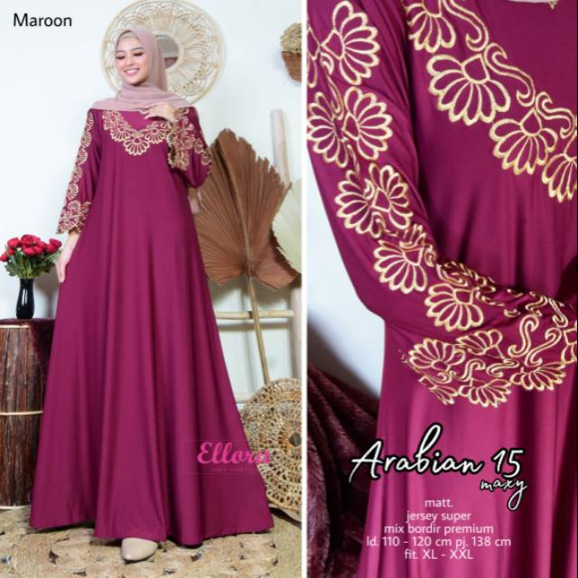 Gamis Muslim Arabian #15 Milaty Maxy Jumbo Jersey Motif Bordir xxxl Ld 130cm Arabiana Abaya Millaty Gamis Lebaran Remaja Muslimah Terbaru Seragaman Pengajian Murah Mila Dress Wanita Muslimah Syar'i Gamis Polos Tebal Premium Warna Hitam Milati Maxi