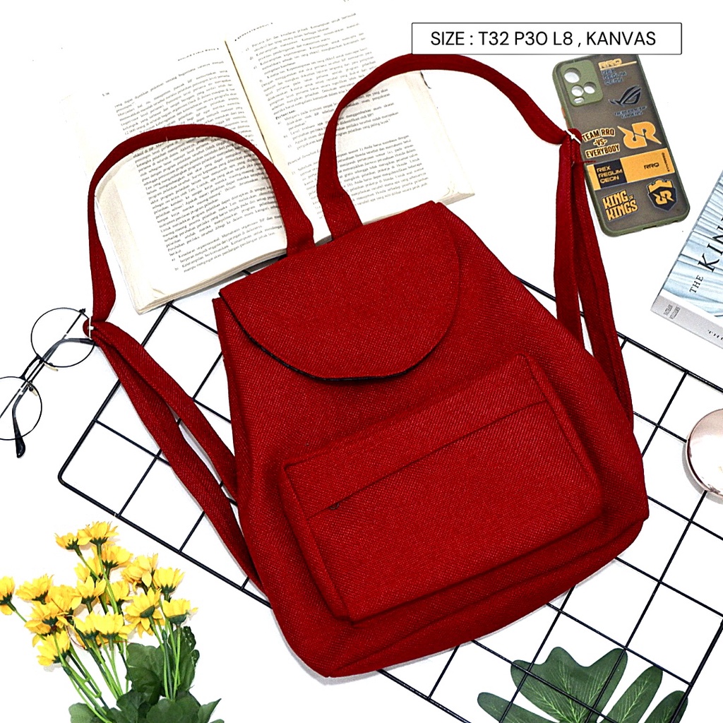 Bayar di Tempat COD Tas Ransel Serut Bahan Kanvas KANTONG Depan Ukuran Medium tas punggung wanita-Warna 653