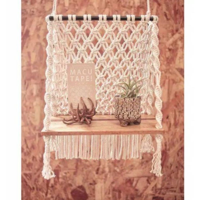 READY STOK) macrame Rak kayu jaring/ macrame ambalan/ rak buku/ Dekorasi rumah