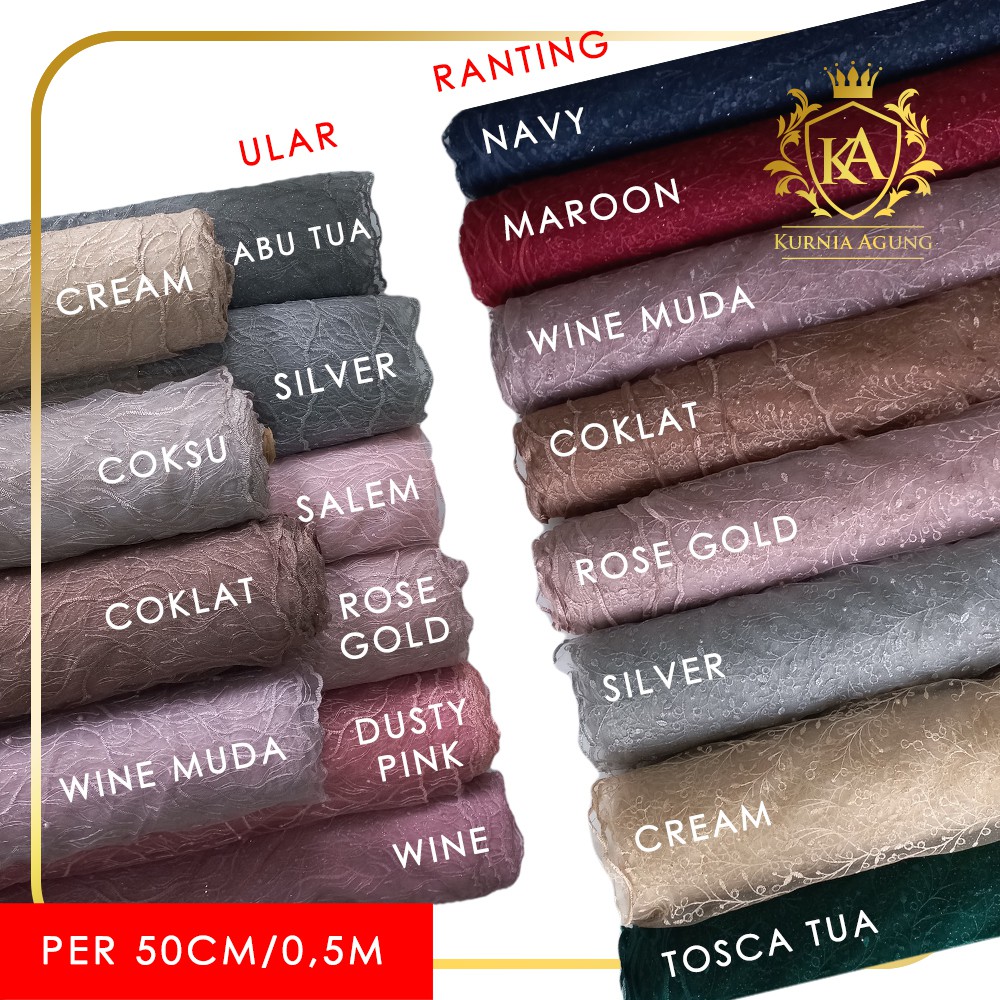 Kain Tile Bordir Mutiara Glitter per 50cm Bahan Kebaya Gaun Pesta Murah Lebar 125cm