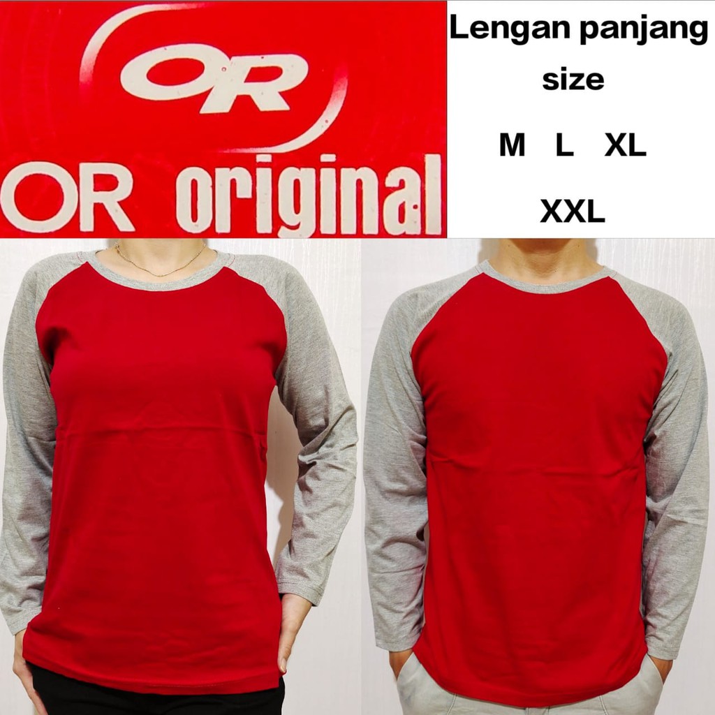 Kaos polos raglan merah lengan abu misty panjang M L XL XXL