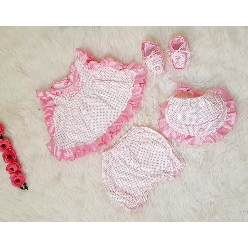 Set Bayi Dot Kecil 4in1/Setelan Baju Piyama Bayi 0-6 bln/Set Pakaian Baju Celana Sepatu Celemek Bayi