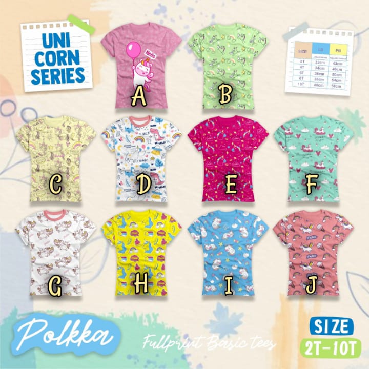 KAOS ANAK PEREMPUAN MOTIF UNICORN FULLPRINT USIA 2-8 TAHUN