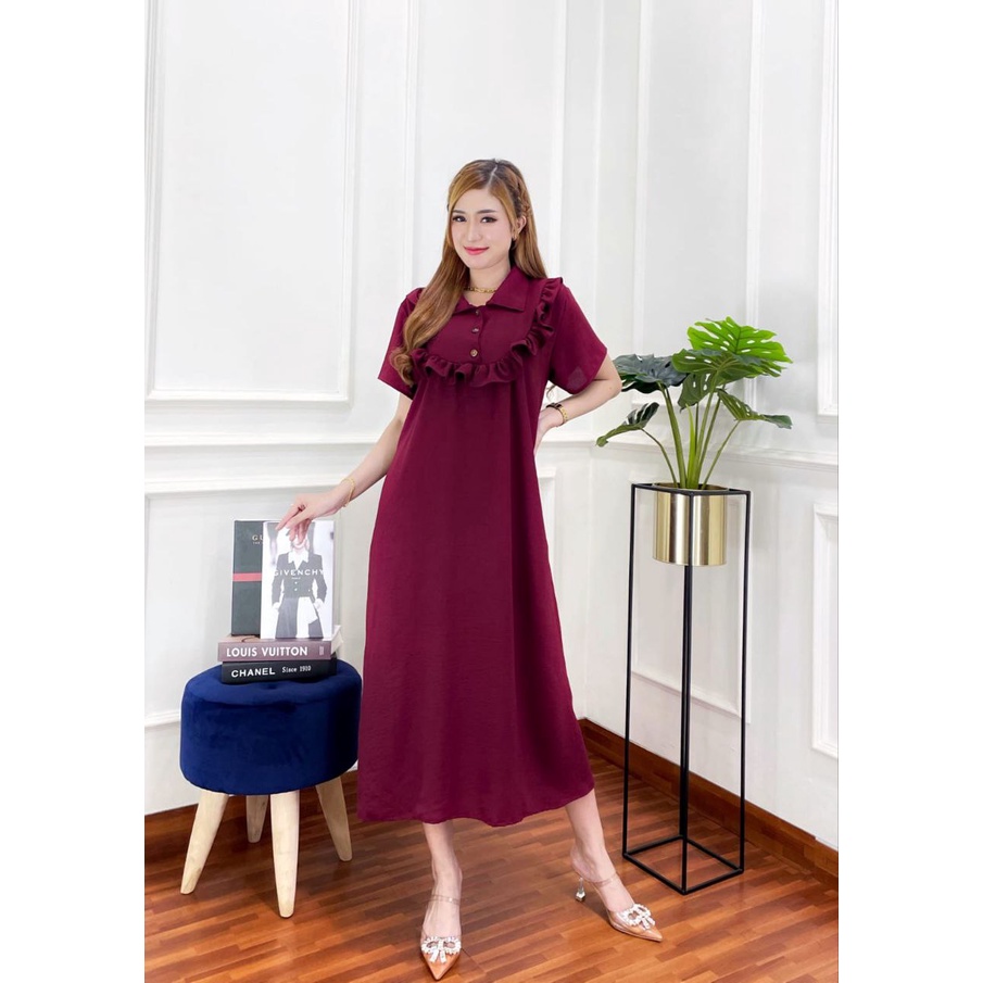 Yuki Dress Wanita Crinkle Airflow Premium Baju Wanita Kekinian Lengan Pendek Maxydress  LD 140 cm