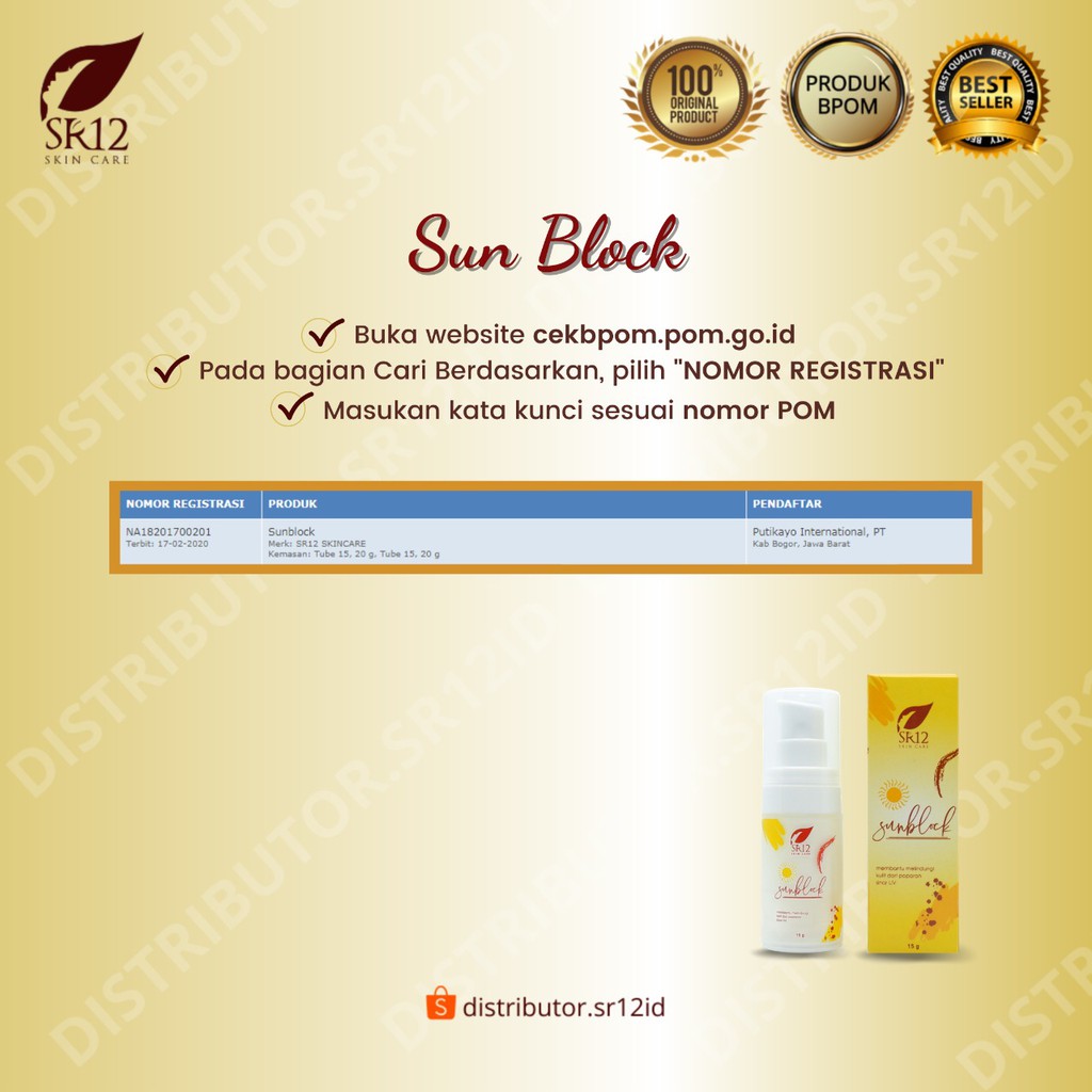 SUNBLOCK SR12 BPOM / PELIUNDUNG SINAR UV A &amp; B SPF 30++ / PELEMBAB DAN PENCERAH WAJAH