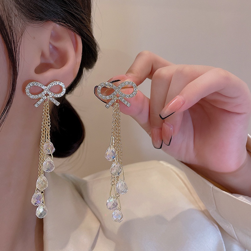 Anting Tusuk Gantung Panjang silver 925 Desain Pita Hias Kristal Berlian Untuk Wanita