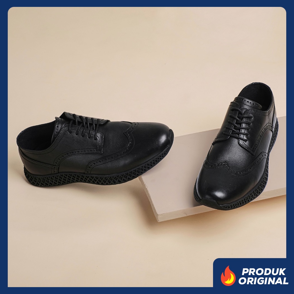 ALBERT SERIES ORIGINAL x KENZIOS Sepatu Kulit Sapi Asli Full Hitam Pria Formal Pantofel Kerja Kantor Dinas Resmi Guru Kantoran Pesta Undangan Kondangan Nikah Kuliah Casual Wingtip Modern Oxford Genuine Leather Footwear Big Size Jumbo Ukuran Besar 44 Keren