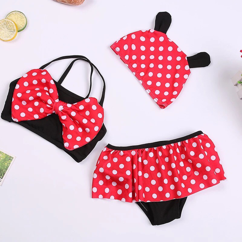PAKAIAN BAJU RENANG BIKINI SET DESAIN MINNIE MOUSE ANAK BAYI 3 IN 1 SWIM SUIT TOPI BAJU CELANA