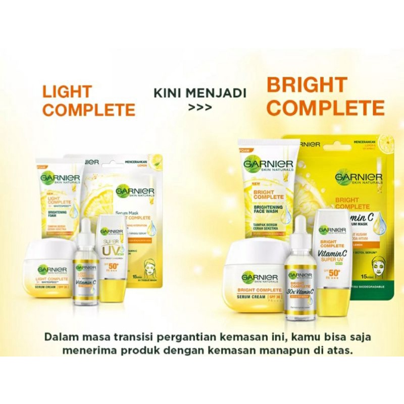 GARNIER BOOSTER SERUM BRIGHT COMPLETE vitamin c botol 30ml&amp;15ml SAC 7.5GR