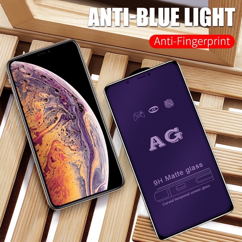 iPhone X XS XR XS MAX 11 12 13 14 PRO MAX PLUS MINI TEMPERED GLASS FULL AG ANTI MINYAK FINGERPRINT BLUE MATTE RAY LIGHT