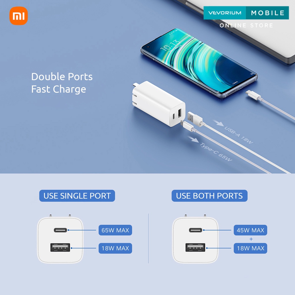 Xiaomi 65W GaN 1A1C USB Charger Handphone Laptop 65 Watt Apple Macbook Pro Air RedmiBook iOS iPad iPhone 13 12 11 Nintento Switch Laptop Notebook Ultrabook Huawei XIaomi Asus HP Android PRO MAX MINI