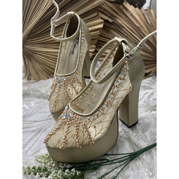 sepatu wedding pesta wanita gold tali naira 12cm tahu